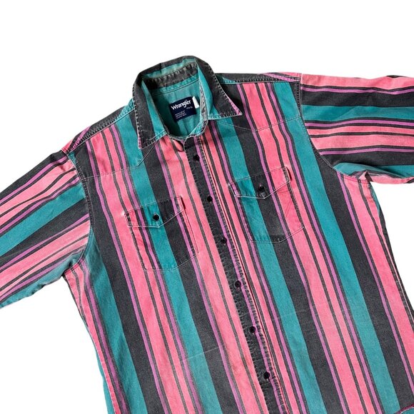 Wrangler Other - Vintage Wrangler Brushpopper 90s Western Shirt Pink Teal Stripe USA Rodeo Cowboy